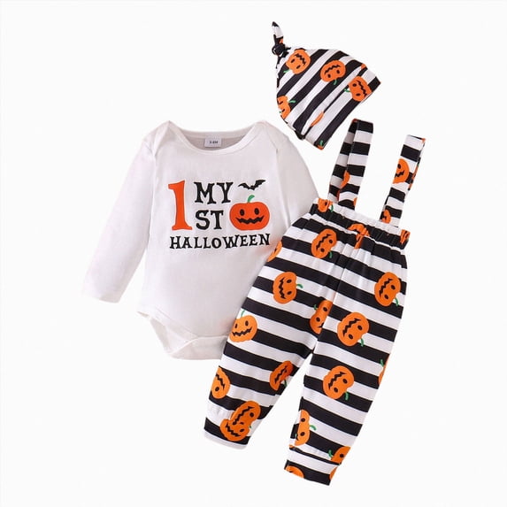 NOLDARES Newborn Baby Boy My 1st Halloween Outfit Ghost Print Romper Ghost Print Suspender Pants Overalls 3pcs Carnival Clothes Set(Orange,9-12 M)