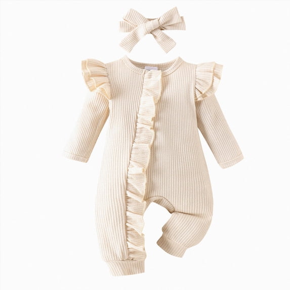 NOLDARES Newborn Baby Girl Clothes Jumpsuit Set Ruffle Romper Headband One-Piece Coming Home Outfits Fall Clothes,A1120-Beige