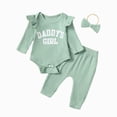 thumbnail image 1 of NOLDARES Newborn Baby Girl Clothes Ribbed Long Sleeve Ruffle Romper Bell-Bottom Pants Headband Set 3Pcs Fall Winter Outfits(Green,6-9 M), 1 of 8