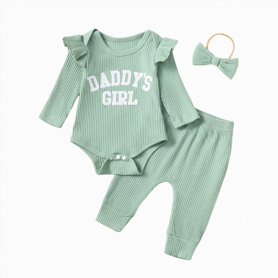 NOLDARES Newborn Baby Girl Clothes Ribbed Long Sleeve Ruffle Romper Bell-Bottom Pants Headband Set 3Pcs Fall Winter Outfits(Green,6-9 M)