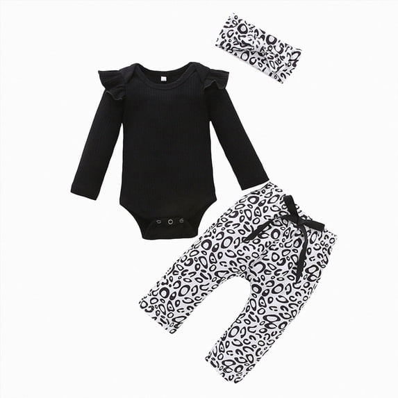 NOLDARES Newborn Baby Girl Clothes Ruffle Sleeve Jumpsuit Floral Romper+Headband Cute Fall Winter One Piece Outfit(Q074-Black)