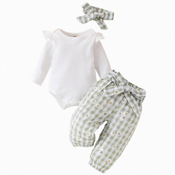 NOLDARES Newborn Baby Girl Clothes Set 3Pcs Long Sleeve Ruffle Romper Bell Bottom Pants Headband Fall Winter Outfits,Light Green,6-12 M