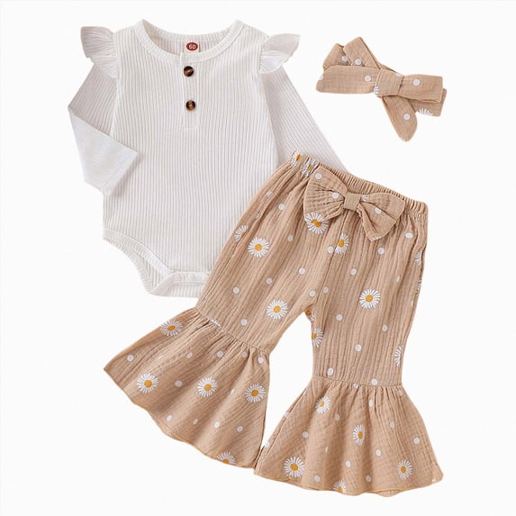 NOLDARES Newborn Baby Girl Fall Winter Clothes Cowgirl Ruffle Long Sleeve Romper + Jogger Pant 3Pcs Outfit Set(Khaki,2-3 Y)