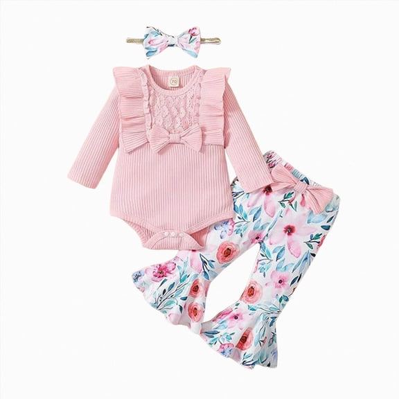 NOLDARES Newborn Baby Girl Fall Winter Clothes Long Sleeve Romper Onesie Pants Infant Outfit with Headband(Red,3-6 M)