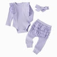 thumbnail image 1 of NOLDARES Newborn Baby Girl Fall Winter Outfits Clothes Cute Long Sleeve Ruffle Romper Pants Headband Set 0-24M(Light Purple,12-18 M), 1 of 5