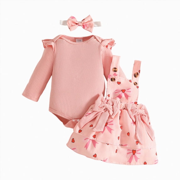 NOLDARES Newborn Baby Girl Outfits Long Sleeve Romper Suspender Dress 3Pcs Fall Winter Clothes Set(Watermelon Red,12-18 M)