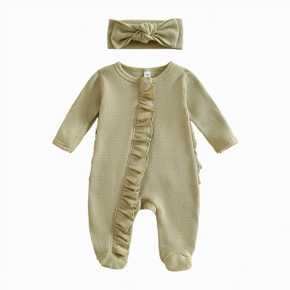 NOLDARES Newborn Baby Girls Smocked Romper Preemie Long Sleeve Jumpsuit Going Home Outfit with Bow Headband,A1130-Light Green