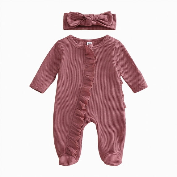 NOLDARES Newborn Baby Girls Smocked Romper Preemie Long Sleeve Jumpsuit Going Home Outfit with Bow Headband,A1130-Wine