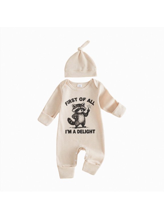 Newborn Girls Fall Crew Neck Romper Long Sleeve Jumpsuit,Infant Coming Home Outfit with Hat,A1134-Beige