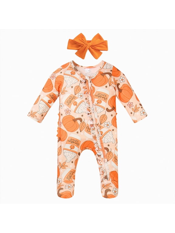 Newborn Infant Baby Girl Clothes Embroidery Jumpsuit Romper Bodysuit Halloween Fall Outfits,A1117-Orange