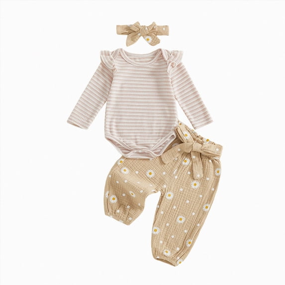 NOLDARES Newborn Infant Baby Girl Outfits Ruffle Print Long Sleeve Romper Bodysuit Tops Pants Set Cute Fall Winter Clothes(Khaki,6-12 M)