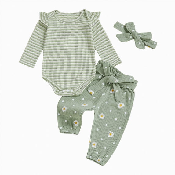 NOLDARES Newborn Infant Baby Girl Outfits Ruffle Print Long Sleeve Romper Bodysuit Tops Pants Set Cute Fall Winter Clothes(Light Green,12-18 M)