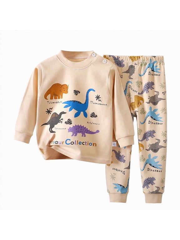 Outfit Set for Toddler Boys Long Sleeve Print Crewneck Cotton Tee Elastic Waist Pants 2 Piece Fall Winter Clothes Size:2-3 Y,Light Yellow