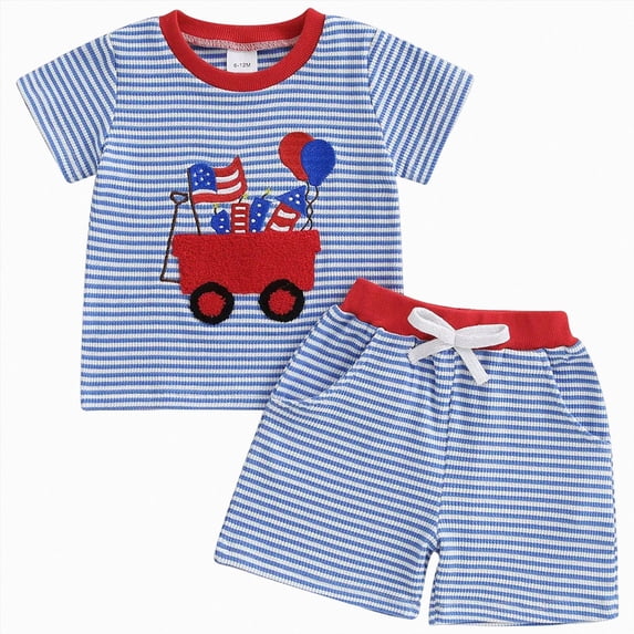 NOLDARES Patriotic Toddler Boy Outfit Short Sleeve T-Shirt + Elastic Waist Shorts with Pockets 2-Piece Summer Set Independence Day American Flag Print(Blue,2-3 Y)