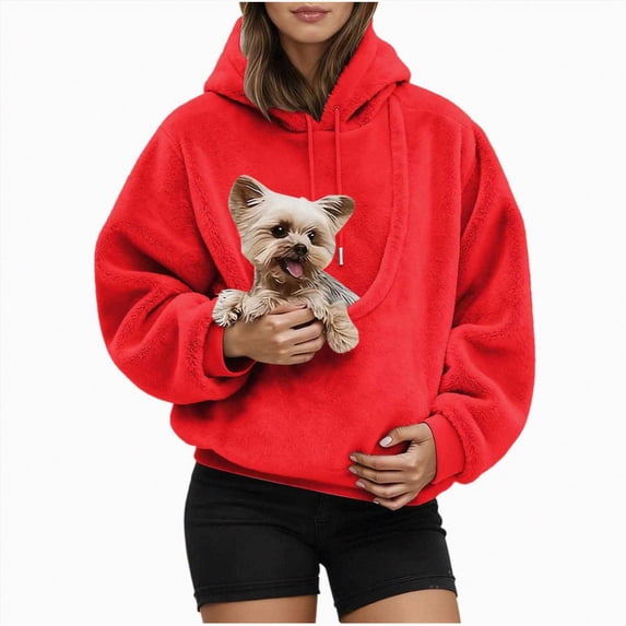 NOLDARES Pet Pouch Hoodies Womens with Pockets Oversized Sweatshirts Outside Puppy Holder Sweatshirts Cat Hoodie,Red,S
