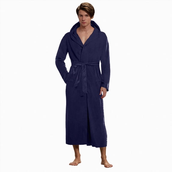 NOLDARES Robes for Men Big and Tall Short Mens Kimono Robe Super Absorbent Spa Bathrobe Calf Length With Pockets(Navy,L)