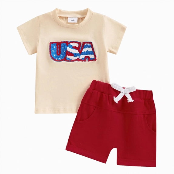 NOLDARES Toddler Baby Boy 4th of July Outfit Short Sleeve T-Shirt and Elastic Waist Shorts with Pockets American Flag Print 2Pcs Summer Clothes(Red,2-3 Y)