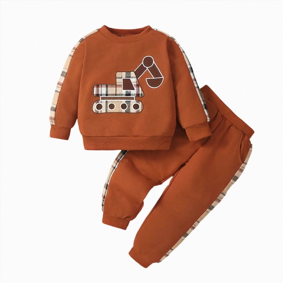 NOLDARES Toddler Baby Boy Clothes Embroidery Trucks Sweatshirt Pullovers Pants Set Outfit Fall(T216-Coffee)
