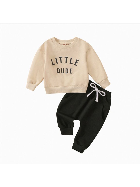 Toddler Baby Boy Fall Outfits Crewneck Sweatshirt Pants Set Winter Clothes Long Sleeve, Elastic Waist Pants(M270-Beige)