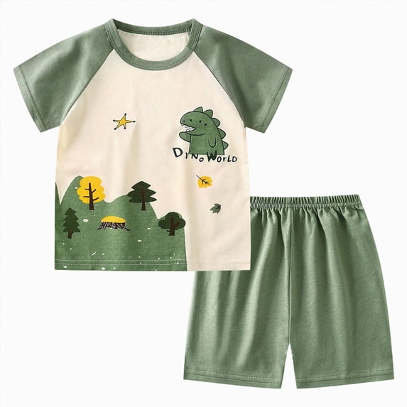 NOLDARES Toddler Baby Boy Summer Clothes 2pcs Dinosaur Truck Print Round Neck Short Sleeve Shirt Top Elastic Waist Shorts Outfits(AG,18-24 M)