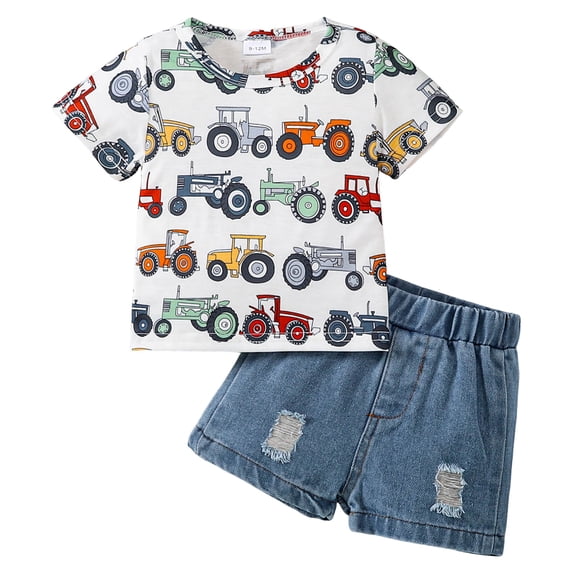 NOLDARES Toddler Baby Boys Clothes Cute Dinosaurs Print Shirt Tops +Jean Shorts Pocket Outfit 2 PCS(Orange,9-12 Months)