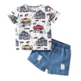 thumbnail image 1 of NOLDARES Toddler Baby Boys Clothes Cute Dinosaurs Print Shirt Tops +Jean Shorts Pocket Outfit 2 PCS(Red,2-3 Years), 1 of 3