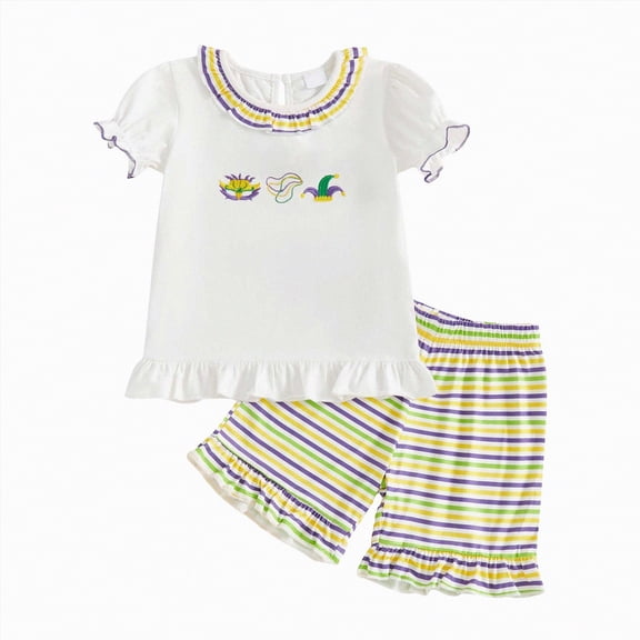 NOLDARES Toddler Baby Girl Clothes Summer Knit Ruffle Short Sleeve Print T-Shirt Tops Shorts Set Outfit(White,3-4 Years)