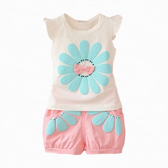 NOLDARES Toddler Baby Girl Clothes Summer Knit Ruffle Sleeveless Print T-Shirt Tops Shorts Set Outfit(Pink,3-4 Years)