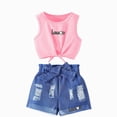thumbnail image 1 of NOLDARES Toddler Baby Girl Clothes Summer Outfits 2 Piece Sleeveless Tie Knot Tank Top and Ruffle Hem Shorts Set(Pink,4-5 Y), 1 of 5