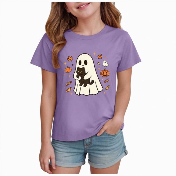 NOLDARES Toddler Baby Girl Halloween Shirt Cute Ghost Pumpkin T-Shirt for Kids Short Sleeve Tee Fall Tops(Purple,5-6 Years)