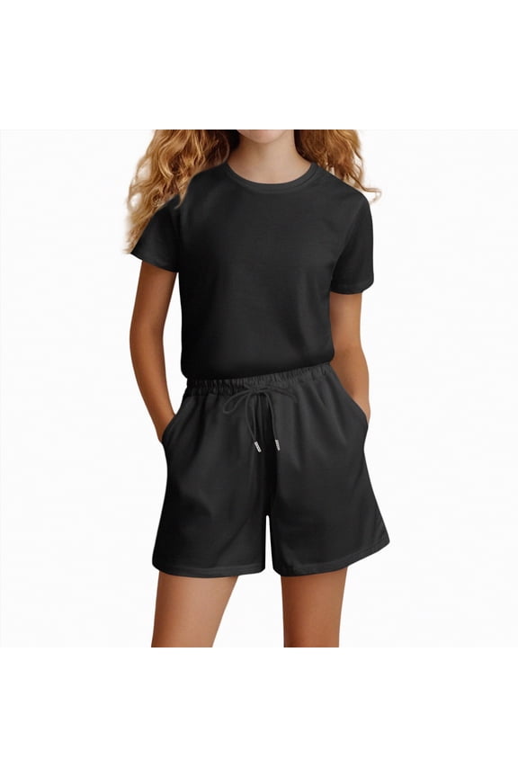 Toddler Baby Girl Outfit Newborn Girl Summer Clothes Short Sleeve T Shirt Top Set Elastic Waist Shorts(Black,5 Years)