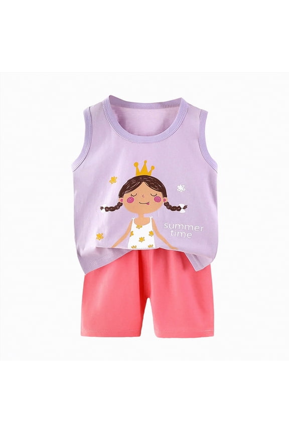 Toddler Baby Girl Summer Clothes 3 6 9 12 18 24 Months Cotton Outfits Sleeveless Contrast T-Shirts Tops Shorts Sets(Light Purple,18-24 Months)