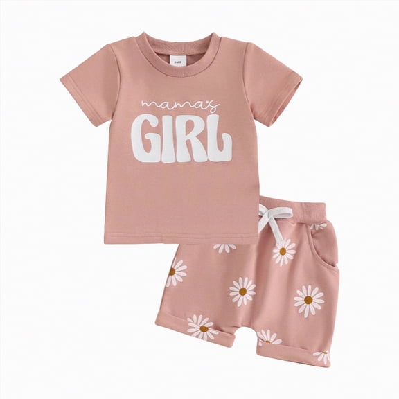 NOLDARES Toddler Baby Girl Summer Clothes Letter Graphic Short Sleeve T-Shirt Shirts Elastic Shorts Set(Pink,18-24 Months)