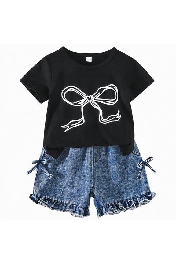 Toddler Baby Girl Summer Clothes Letters Print Short Sleeve T-Shirt Tops Shorts Outfit Set(Black,6-9 Months)