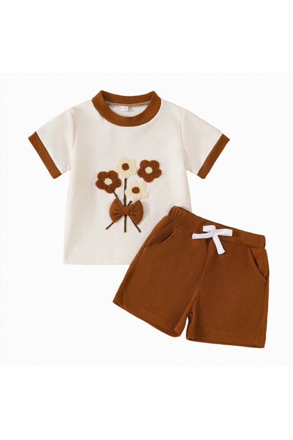 Toddler Baby Girl Summer Clothes Ruffle Short Sleeve Shirt & Shorts Set(Brown,12-18 Months)