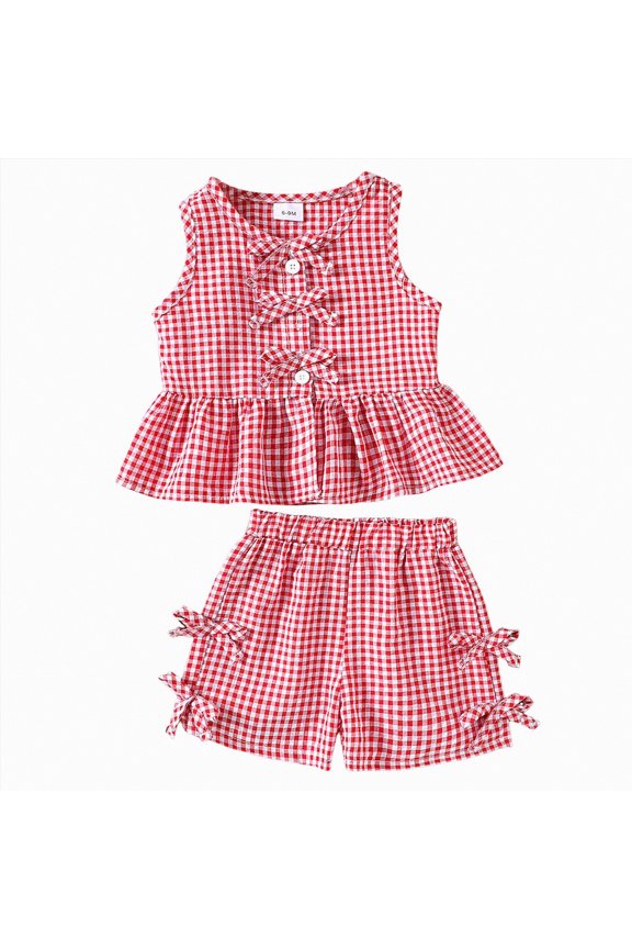 Toddler Baby Girl Summer Clothes Ruffled Sleeve Ribbed Knit T-Shirt Tops Checkered Print Shorts Set 2Pcs Outfits(A1-Red,12-18 Months)