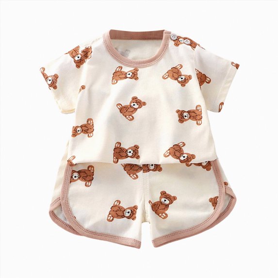 NOLDARES Toddler Baby Girl Summer Clothes Short Sleeves T-Shirt Tops and Ruffled Shorts Set Cute Summer Outfits 2Pcs(Beige,5-6 Years)
