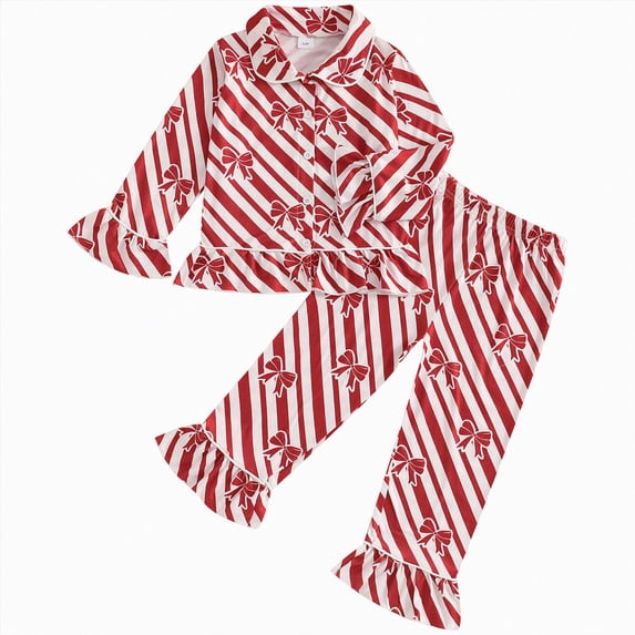 NOLDARES Toddler Baby Girls Pajamas Set Christmas Tree Santa Button Down Shirts Pants Pjs Nightgown Sleepwear,12-18 M