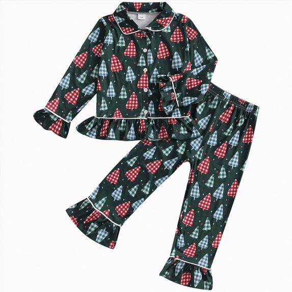 NOLDARES Toddler Baby Girls Pajamas Set Christmas Tree Santa Button Down Shirts Pants Pjs Nightgown Sleepwear,3-4 Y