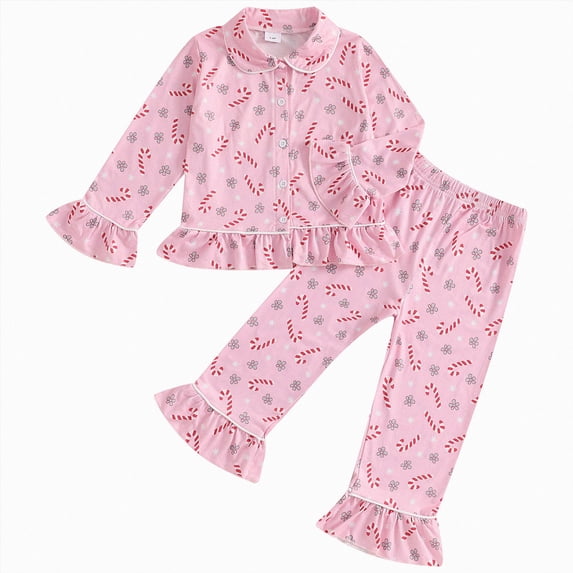 NOLDARES Toddler Baby Girls Pajamas Set Christmas Tree Santa Button Down Shirts Pants Pjs Nightgown Sleepwear,4-5 Y