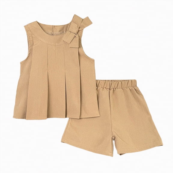 NOLDARES Toddler Baby Girls Summer Clothes Sleeveless T-Shirt Tops Ruffled Plaid Short Sets Cute Outfits 2Pcs(Khaki,3-4 Years)