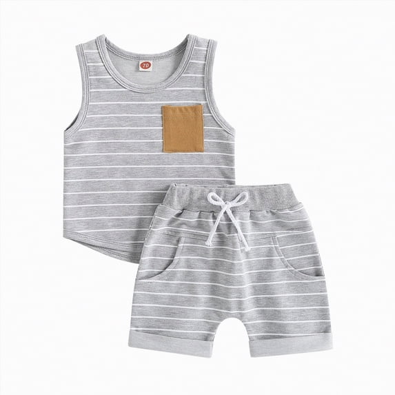 NOLDARES Toddler Boys 2-Piece Tank Top Shorts Set Summer Casual Outfits Sleeveless Striped Design Light Gray,2-3 Y