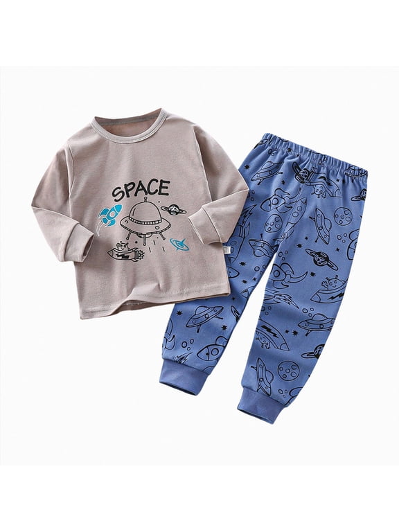Toddler Boys Sleepwear Pajama Set 2Pcs Long Sleeve Crewneck Top with Pants Soft Cotton Print Fall Winter 6-12 Months 12-24 Months 2t 3t 4t 5t 6t 7t 8t 9t Children,Blue,1-2 Y