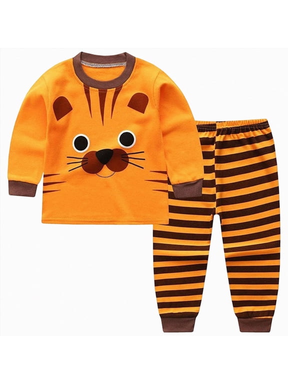 Toddler Boys Sleepwear Pajamas Dinosaur Long Sleeve 2 Piece Cotton Set Kids Cool Print Boys Pajamas Clothes,Orange,18-24 M