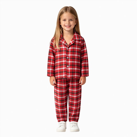 NOLDARES Toddler Girl Christmas Pajamas Santa Plaid Long Sleeves Shirt Pajama Pants Set Kids Cotton Nightgown Outfits(K009-Red)