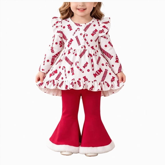 NOLDARES Toddler Girl Clothes Christmas Baby Girls Outfit Dress Top Bell Bottom Set Fall Winter Clothes,Size 3-4 Y