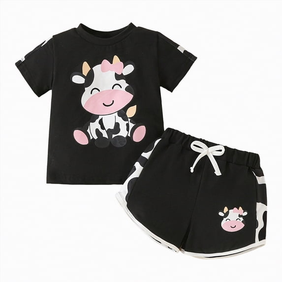 NOLDARES Toddler Girl Clothes Summer Outfits Cute Baby Short Sleeve T-shirt Shorts 18 Months to 6 Years(Black,2-3 Years)