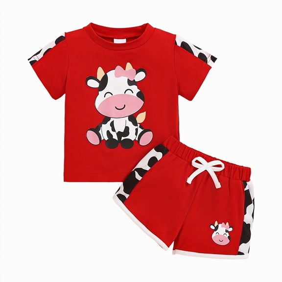 NOLDARES Toddler Girl Clothes Summer Outfits Cute Baby Short Sleeve T-shirt Shorts 18 Months to 6 Years(Red,6-9 Months)