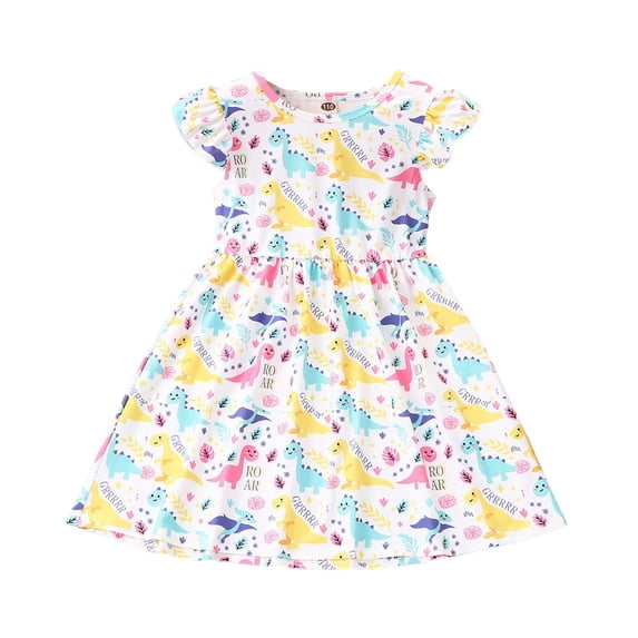 NOLDARES Toddler Girls Party Dinosaur Dress Ruffled Sleeve A-Line Tulle Flower Girl Dresses for Wedding Birthday(Yellow,18-24 Months)