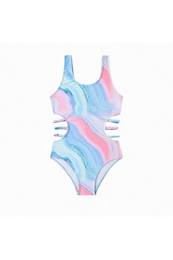 Toddler Girls Ruffled One Piece Swimwear Soft Stretch Beach Bathing Suit(Blue,5-6 Years)